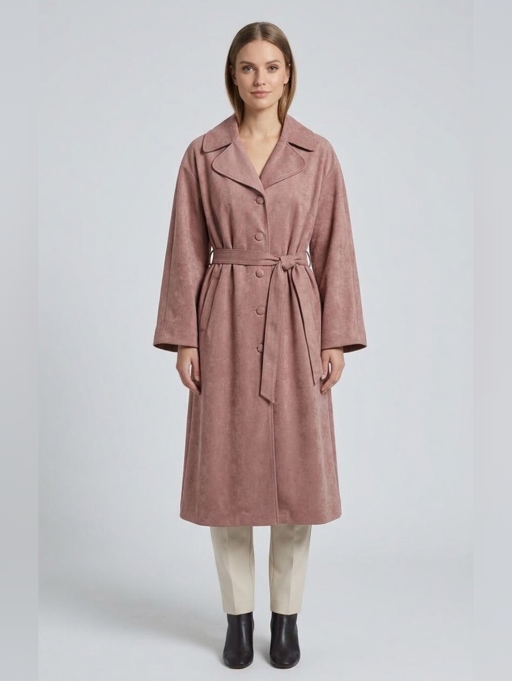 Vintage 70s Woodley's Faux Suede Belted Trench Coat Blush Pink M/L